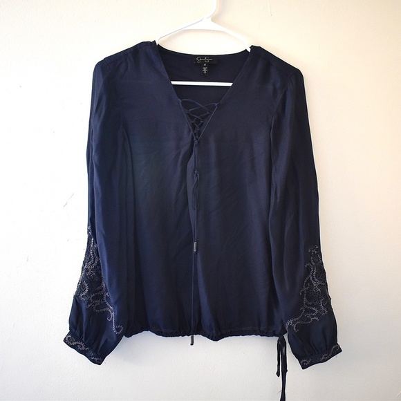 M- Jessica Simpson Navy Blue Blouse V-Neck Embroidery Detail - Picture 1 of 4